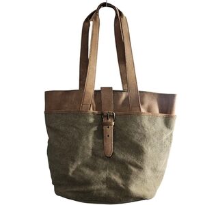 L.L. Bean Vintage Tan Beige Leather  Canvas Travel Tote Bag Classic Preppy Purse